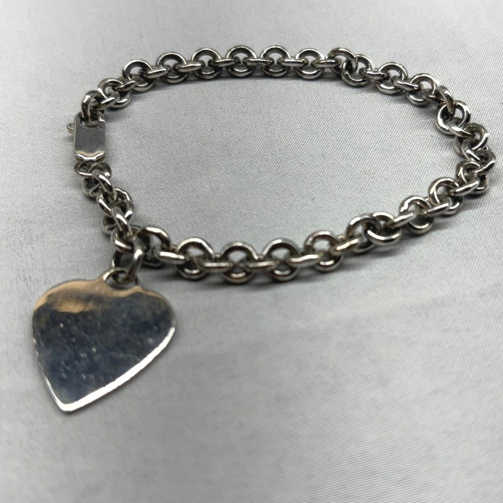 MQ Heart Charm Bracelet Womens 7.5in Silver Good 925 Sterling Rolo Chain